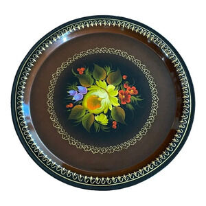 Vintage Russian  Tole Painted Roses Floral 12.5” Round Tray Signed OTH No.8